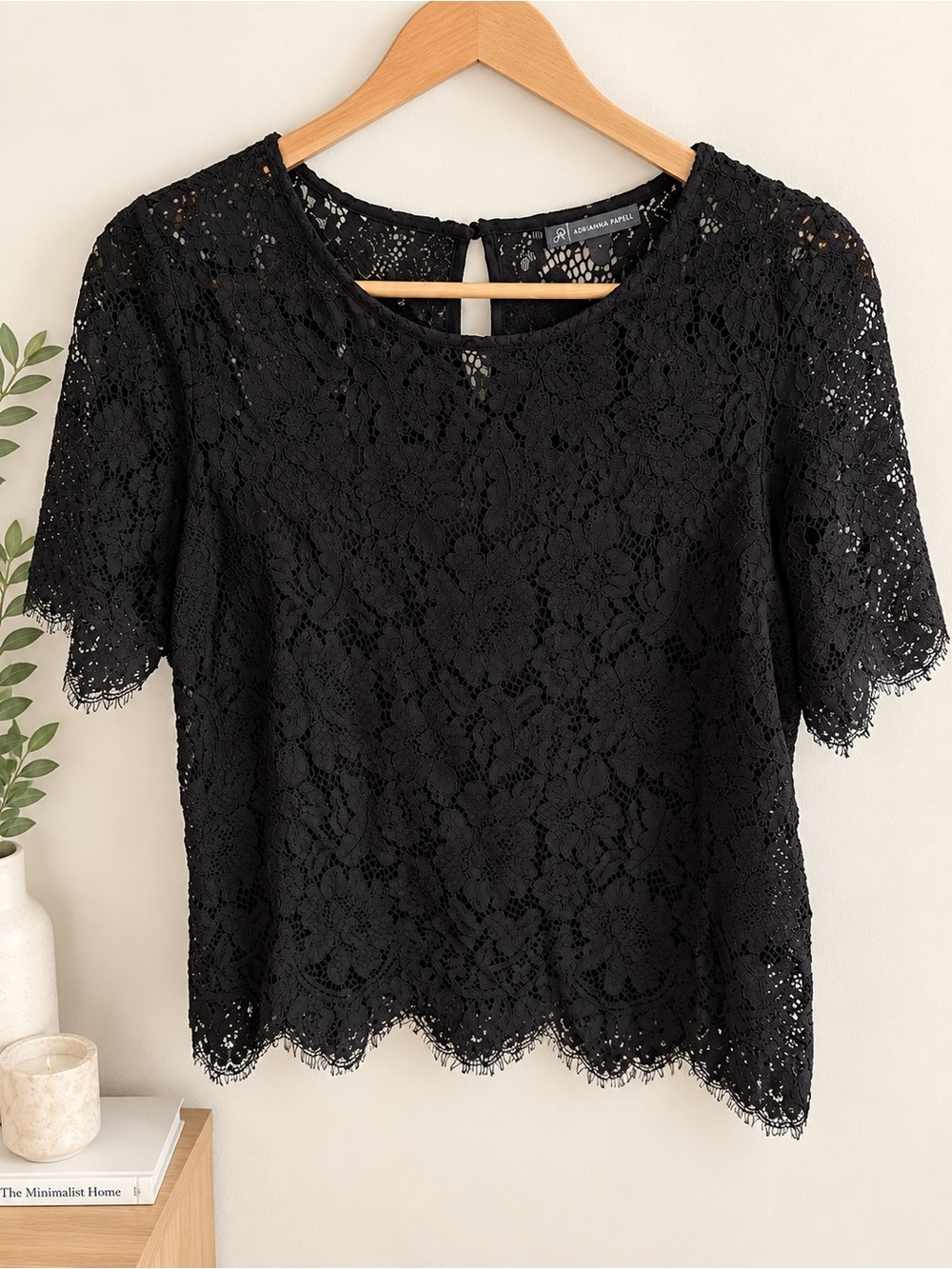 Adrianna Papell Black Lace Short Sleeve Blouse